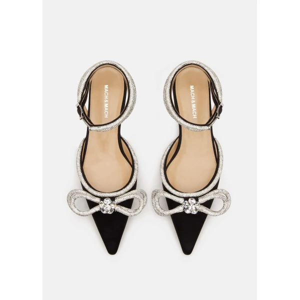 Black Mach & Mach Double Bow Satin Flats with Ankle Strap in Black, view 3 | Flats