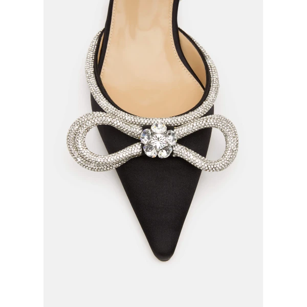 Black Mach & Mach Double Bow Satin Flats with Ankle Strap in Black, view 5 | Flats