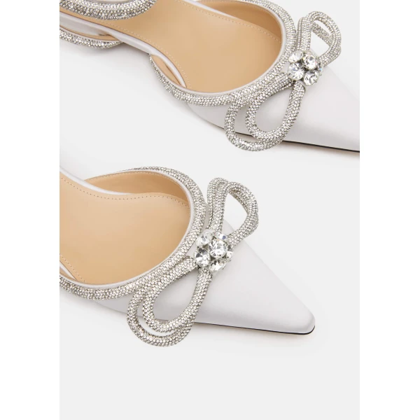 White Mach & Mach Double Bow Satin Flats with Ankle Strap in White, view 5 | Flats