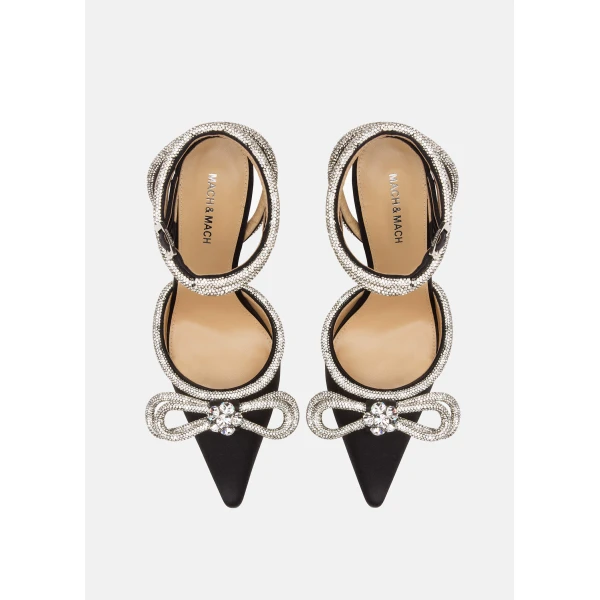 Black Mach & Mach Double Bow Satin Pumps 110mm in Black, view 3 | Heels