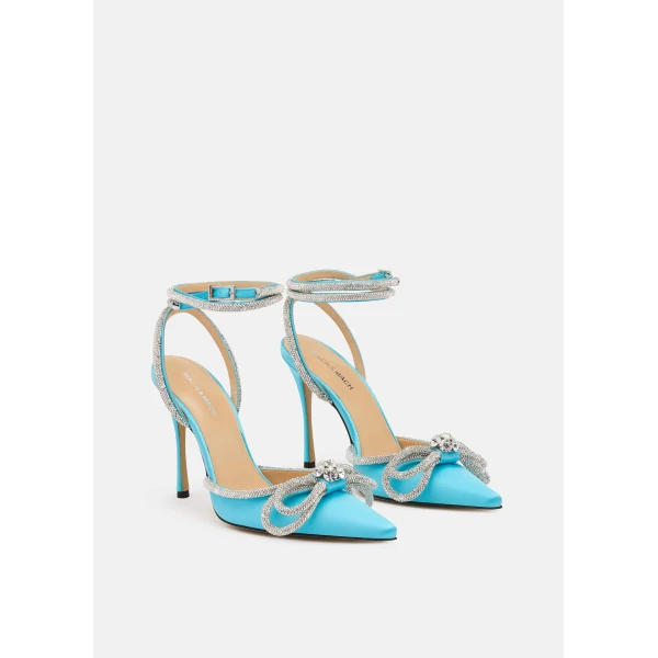 Blue Mach & Mach Double Bow Satin Pumps in Ocean Blue, view 2 | Heels