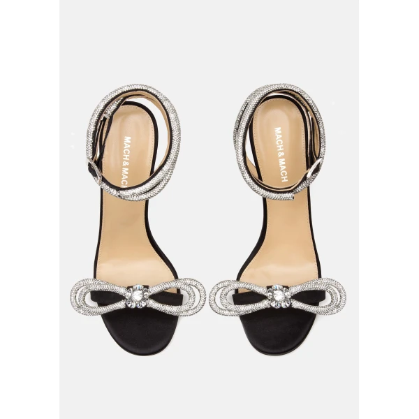 Black Mach & Mach Double Bow Satin Sandals in Black, view 3 | Sandals