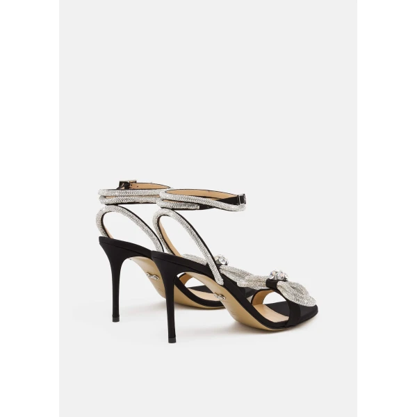 Black Mach & Mach Double Bow Satin Sandals in Black, view 4 | Sandals