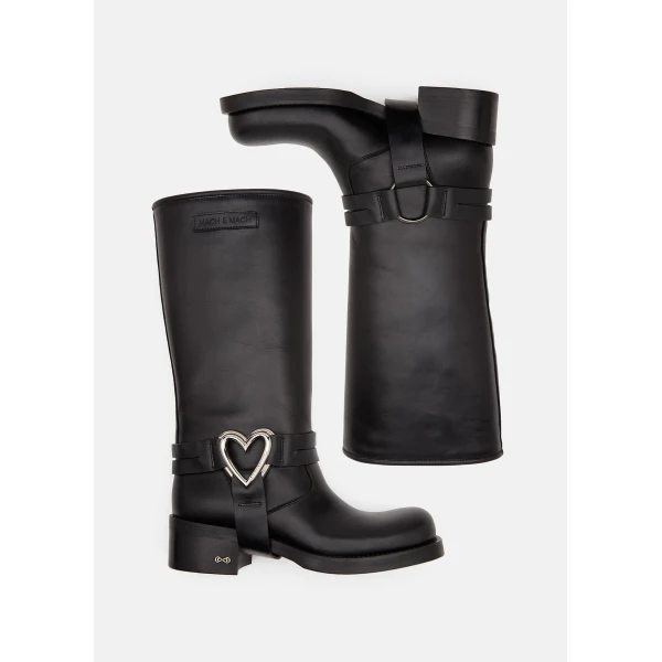 Black Mach & Mach Double Heart Vintage Leather Combat Boots in Black, view 3 | Boots