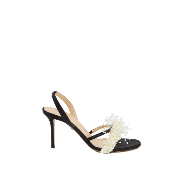 Black Mach & Mach Floating Pearl Satin Sandals Black and White | Shoes