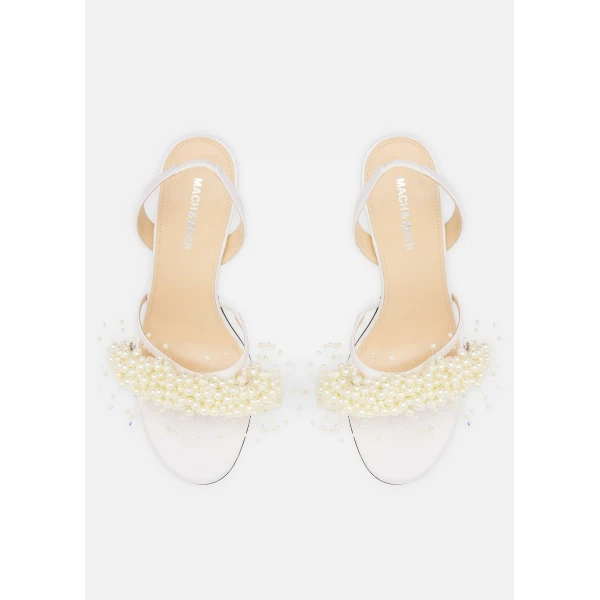 White Mach & Mach Floating Pearl White Satin Sandals, view 3 | Sandals