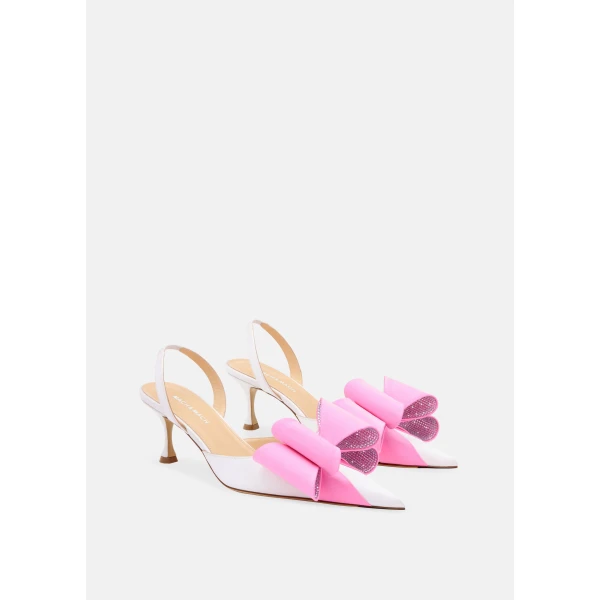 White Mach & Mach Le Cadeau Satin Slingbacks in White and Pink, view 2 | Heels