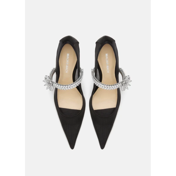 Black Mach & Mach Lotus Flower Jewelled Black Mesh Pumps, view 3 | Heels