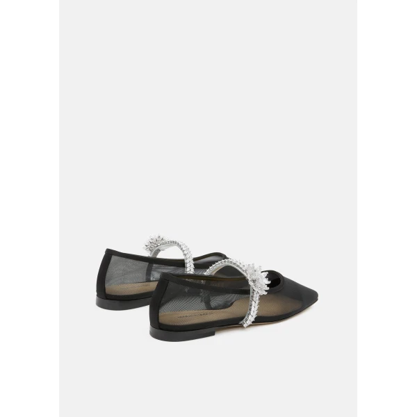 Black Mach & Mach Lotus Flower Jewelled Mesh Ballerinas in Black, view 4 | Flats