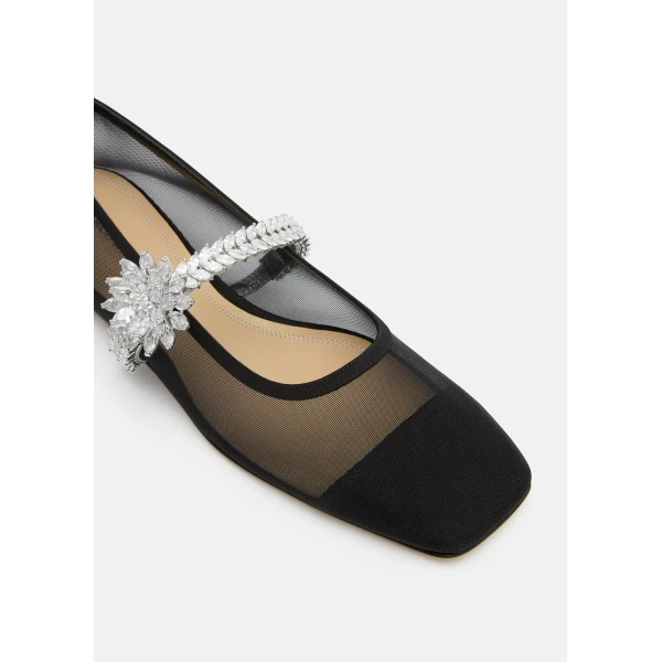 Black Mach & Mach Lotus Flower Jewelled Mesh Ballerinas in Black, view 5 | Flats