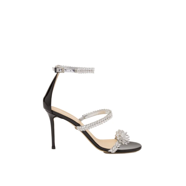 Lotus Flower Patent Sandals in Black