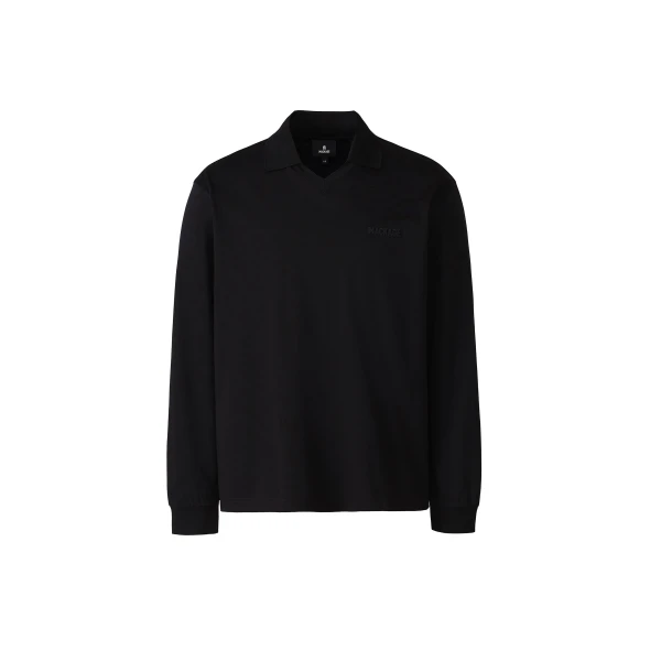 Mackage Alfonzo Organic Cotton Jersey Long Sleeve Polo Shirt in Black