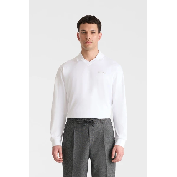 Mackage Alfonzo Organic Cotton Jersey Long Sleeve Polo Shirt in White