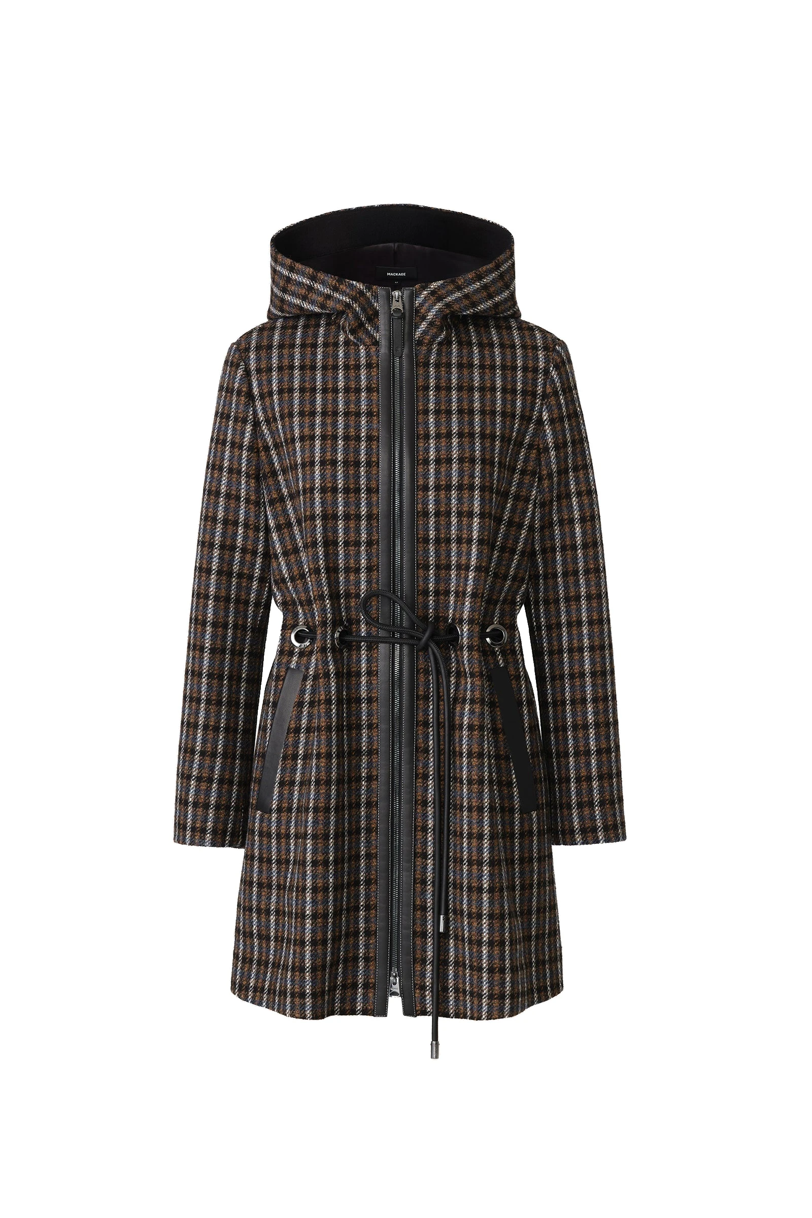 Mackage Blithe-STP Wool and Leather Belt Coat in Marine Blue Multi mackage blithe-stp wool and leather belt coat