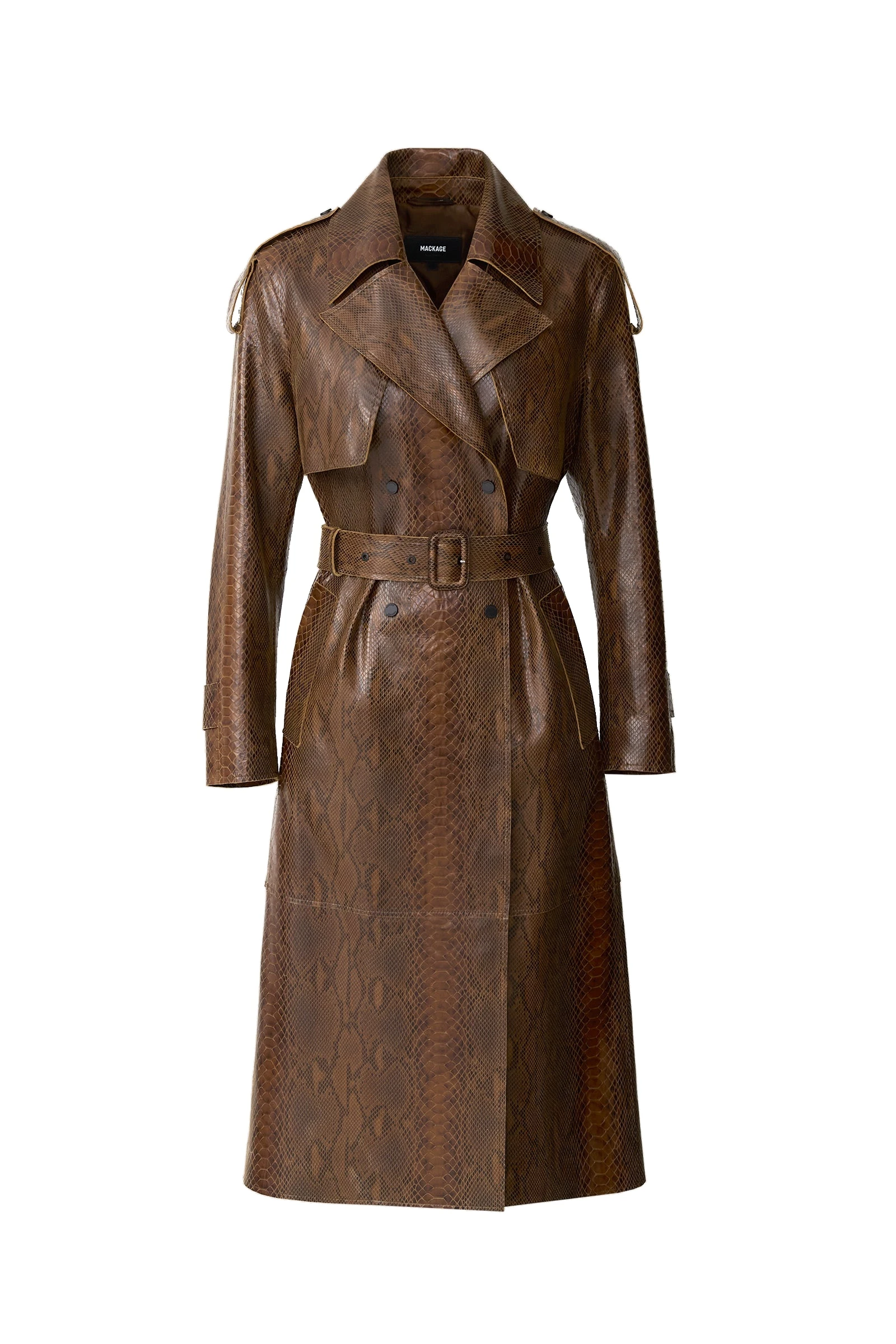 Mackage Carmela-SNK Snake Pattern Leather Trench in Umber mackage carmela-snk snake pattern leather trench