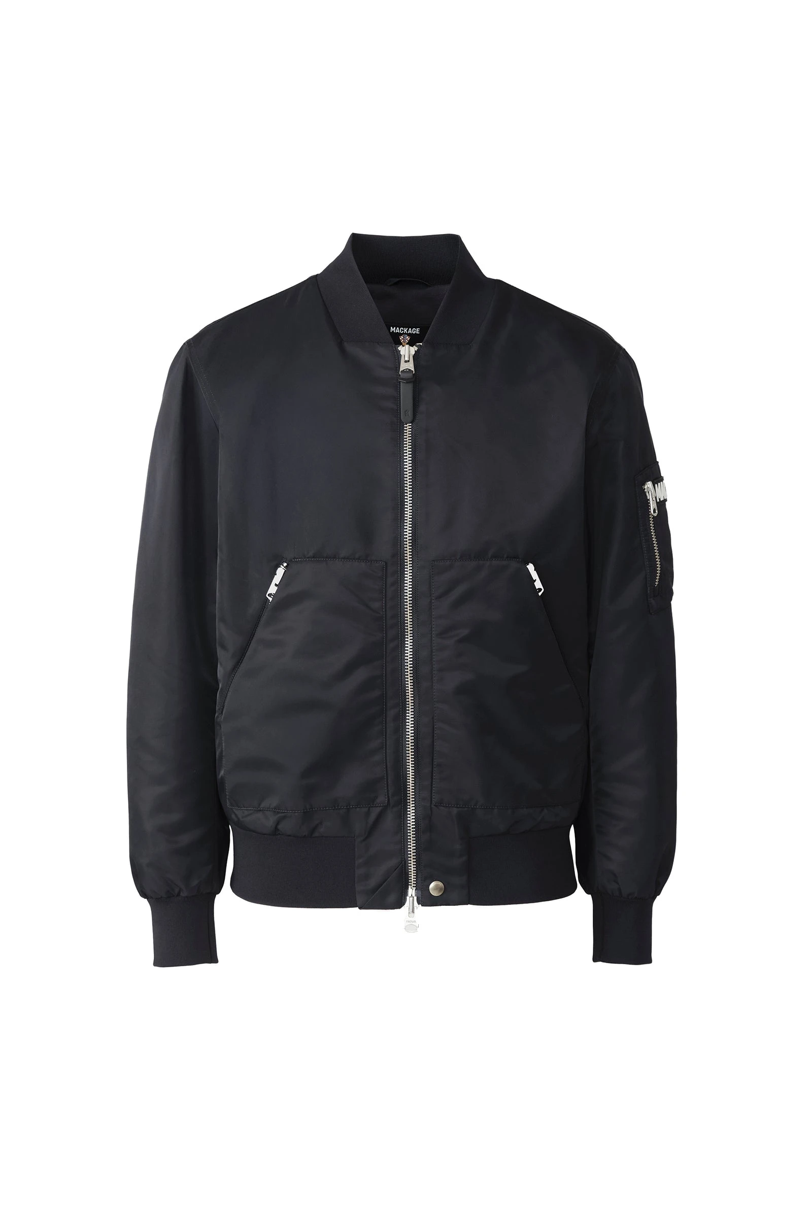 Mackage Emilio-CR Satin Bomber Jacket in Navy Mackage Emilio-CR Satin Bomber Jacket in Navy