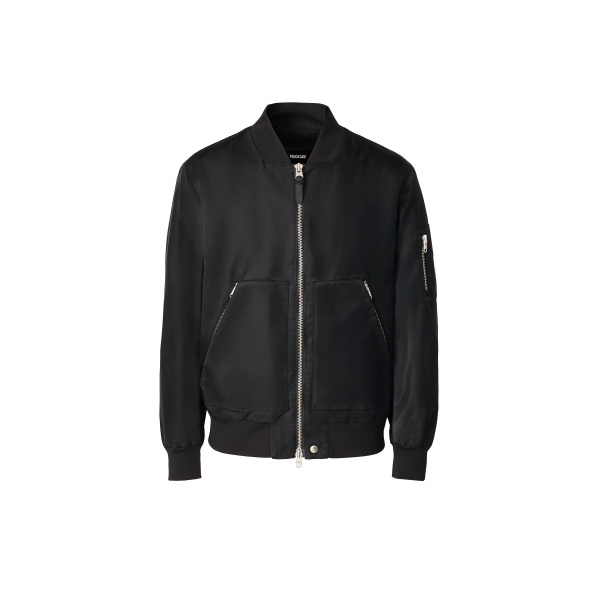 Mackage Emilio Satin Bomber Jacket in Black