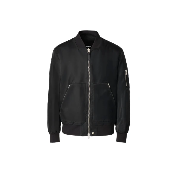 Mackage Emilio Satin Bomber Jacket in Black