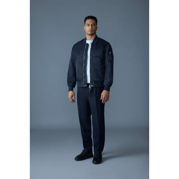 Mackage Emilio Satin Bomber Jacket in Navy