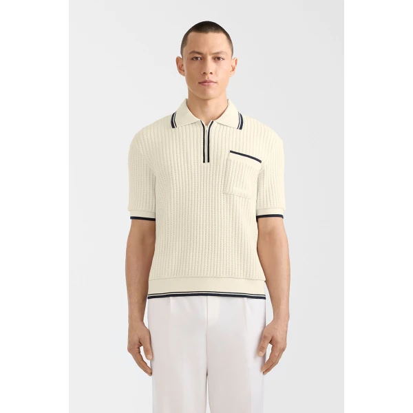 Mackage Estaban Crochet Knit Quarter-Zip Polo Shirt in Cream-Navy