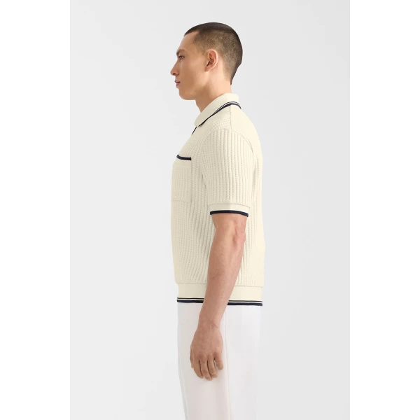 Mackage Estaban Crochet Knit Quarter-Zip Polo Shirt in Cream-Navy
