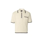 Mackage Estaban Crochet Knit Quarter-Zip Polo Shirt in Cream-Navy