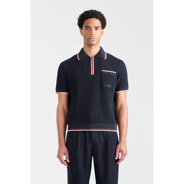 Mackage Estaban Crochet Knit Quarter-Zip Polo Shirt in Navy-Multi