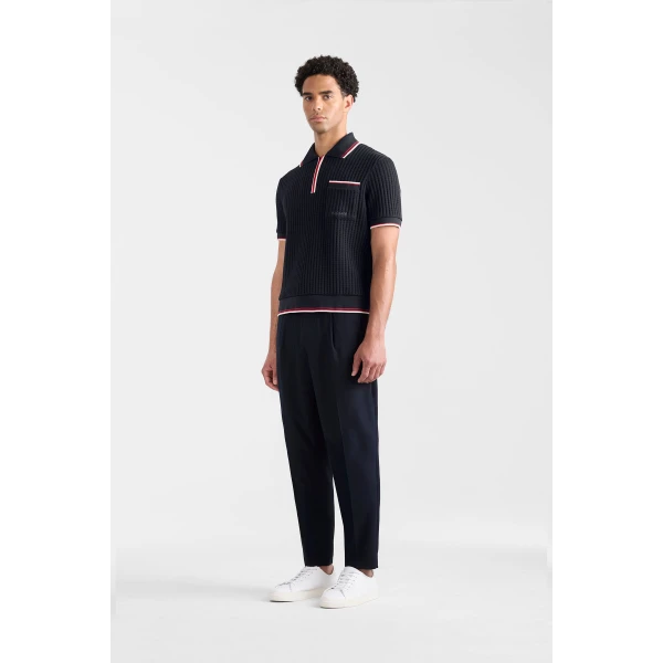 Mackage Estaban Crochet Knit Quarter-Zip Polo Shirt in Navy-Multi
