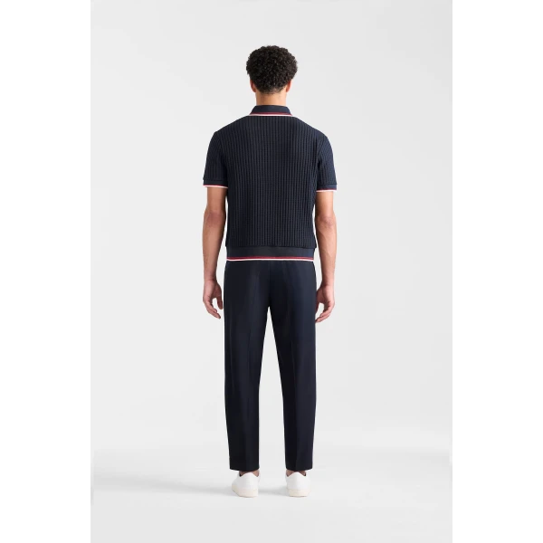 Mackage Estaban Crochet Knit Quarter-Zip Polo Shirt in Navy-Multi