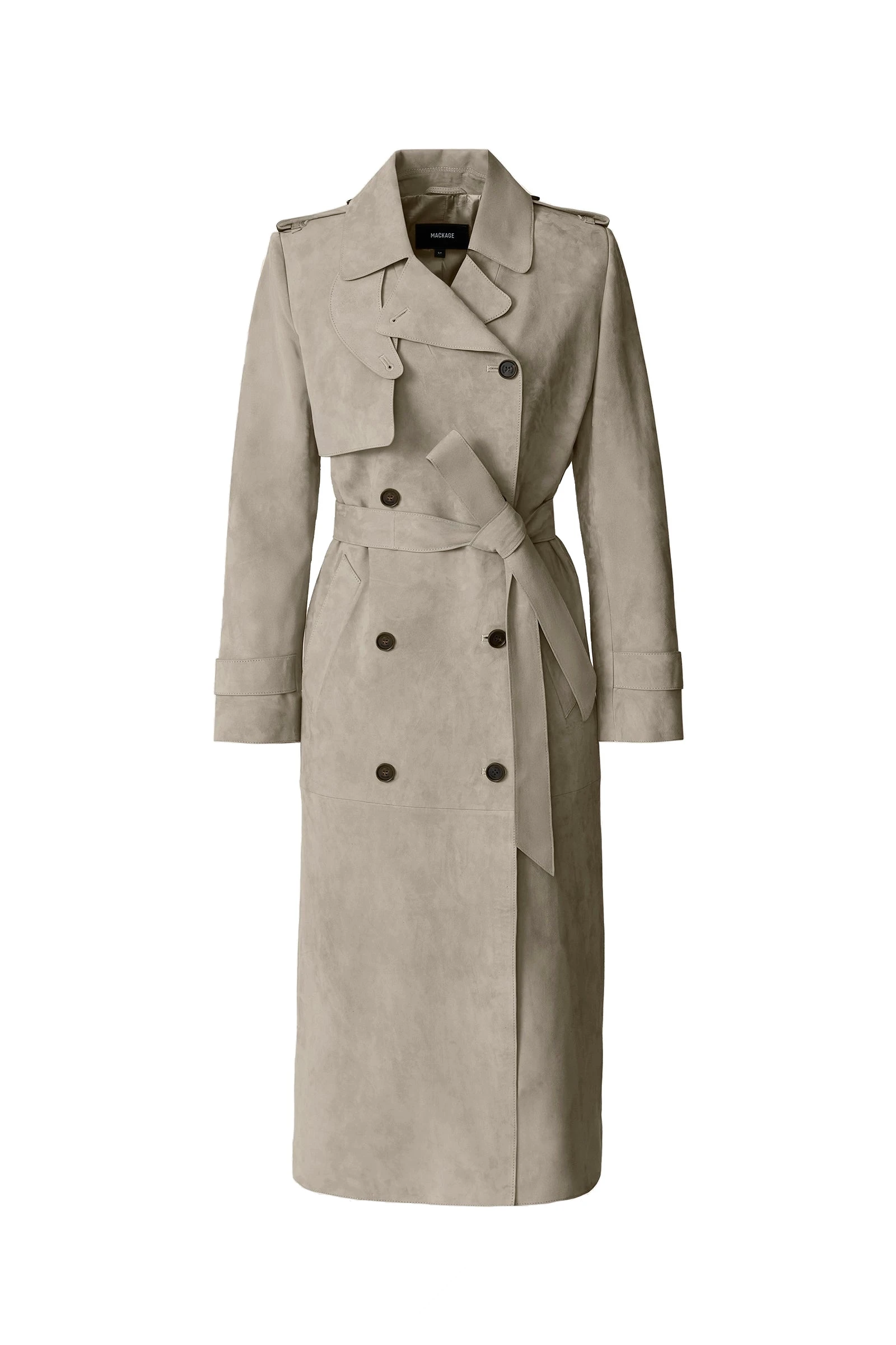 Mackage Gael-SU Maxi Suede Trench Coat in Taupe mackage gael-su maxi suede trench coat