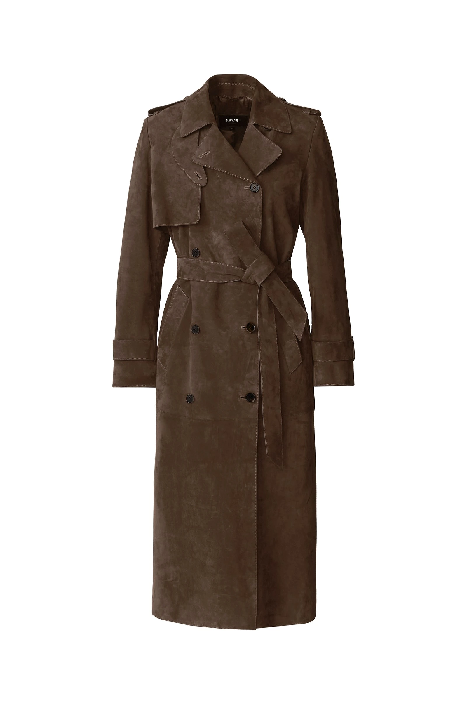 Mackage Gael-SU Maxi Suede Trench Coat in Umber mackage gael-su maxi suede trench coat