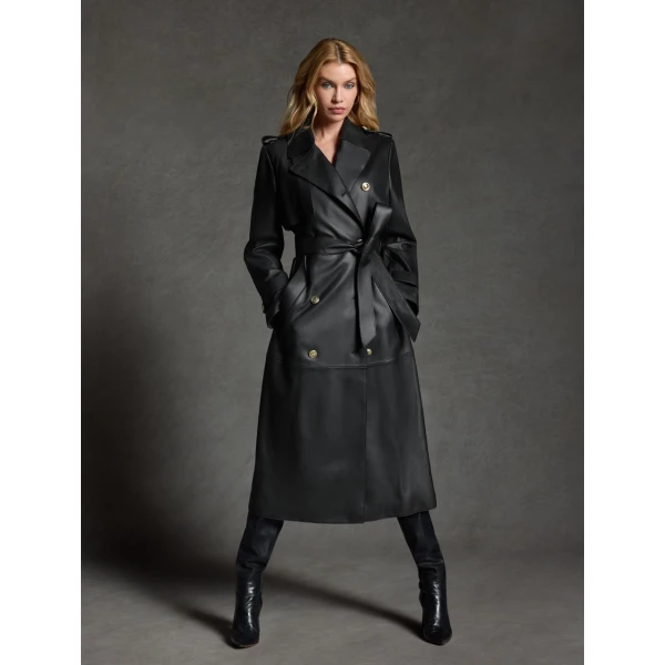Mackage Gael-V Maxi Leather Trench Coat in Black-Gold