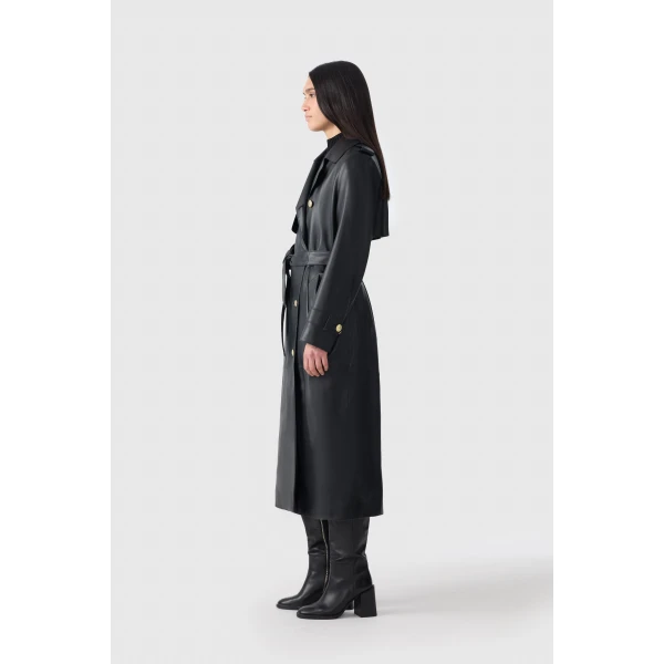 Mackage Gael-V Maxi Leather Trench Coat in Black-Gold