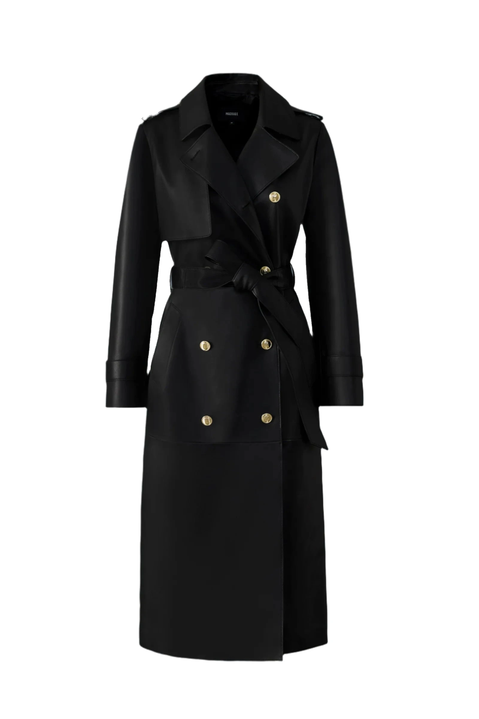 Mackage Gael-V Maxi Leather Trench Coat in Black-Gold Mackage Gael-V Maxi Leather Trench Coat in Black-Gold