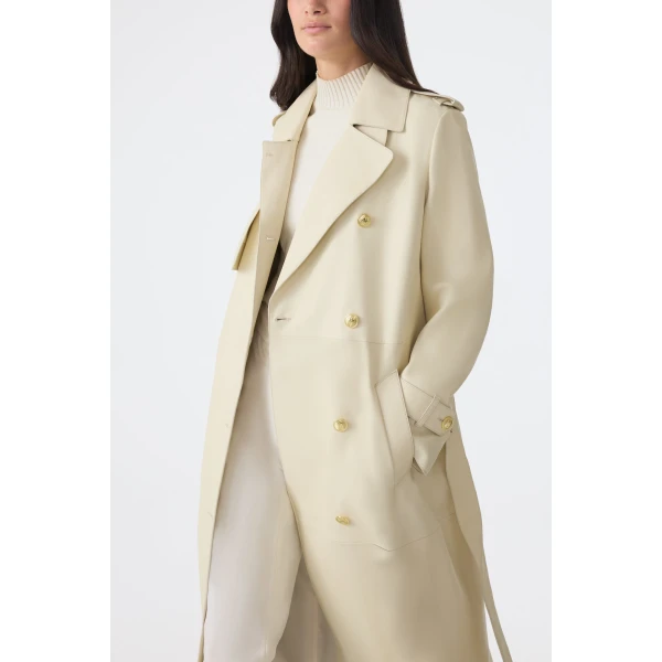 Mackage Gael-V Maxi Leather Trench Coat in Cream-Gold