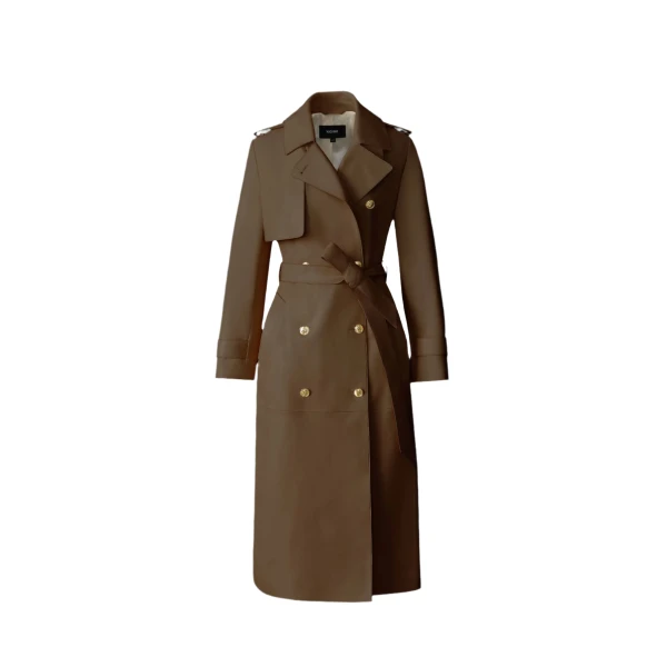 Gael-V Maxi Leather Trench Coat in Earth Brown