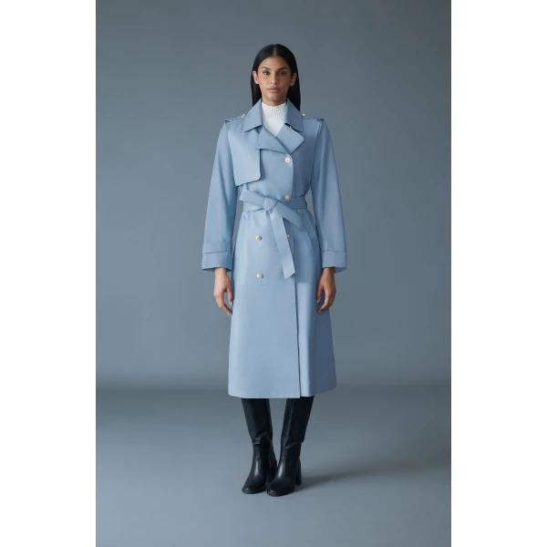 Mackage Gael-V Maxi Leather Trench Coat in Fog Blue