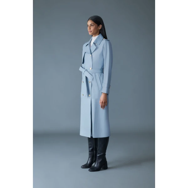 Mackage Gael-V Maxi Leather Trench Coat in Fog Blue