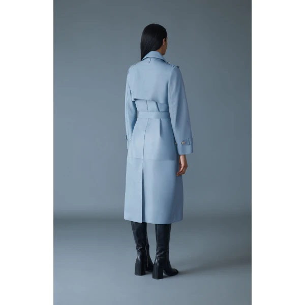 Mackage Gael-V Maxi Leather Trench Coat in Fog Blue