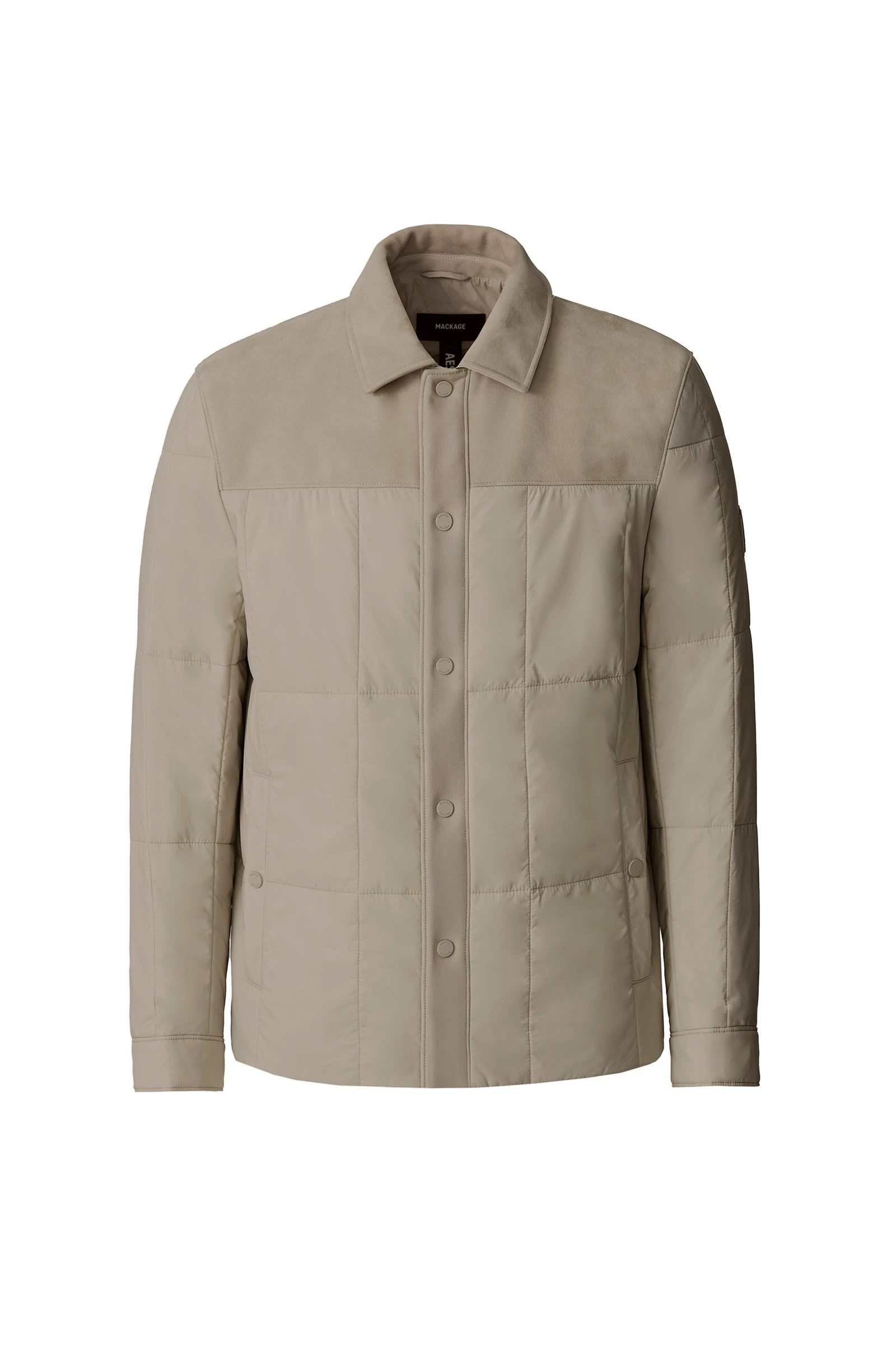 Mackage Henrik Mixed-Media Suede Shirt Jacket in Taupe Mackage Henrik Mixed-Media Suede Shirt Jacket in Taupe