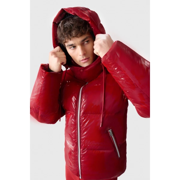Mackage Kent-GLO High-Gloss Removable Hooded Down Jacket in Dark Red