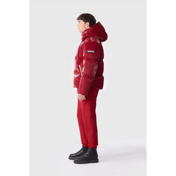Mackage Kent-GLO High-Gloss Removable Hooded Down Jacket in Dark Red