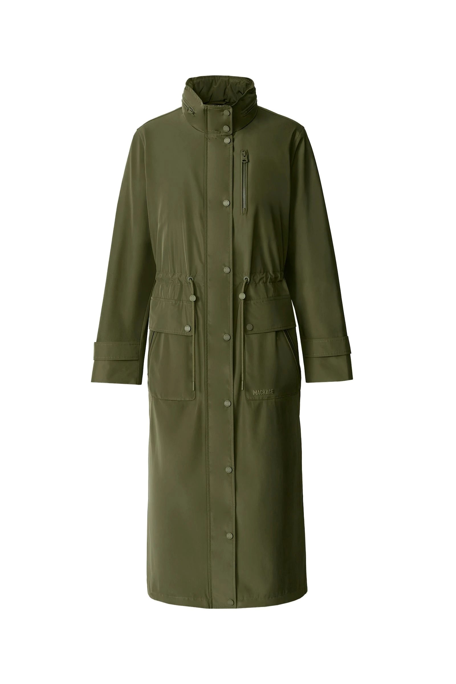 Mackage Magdelena Maxi-Length Rain Jacket in Light Military mackage magdelena maxi-length rain jacket