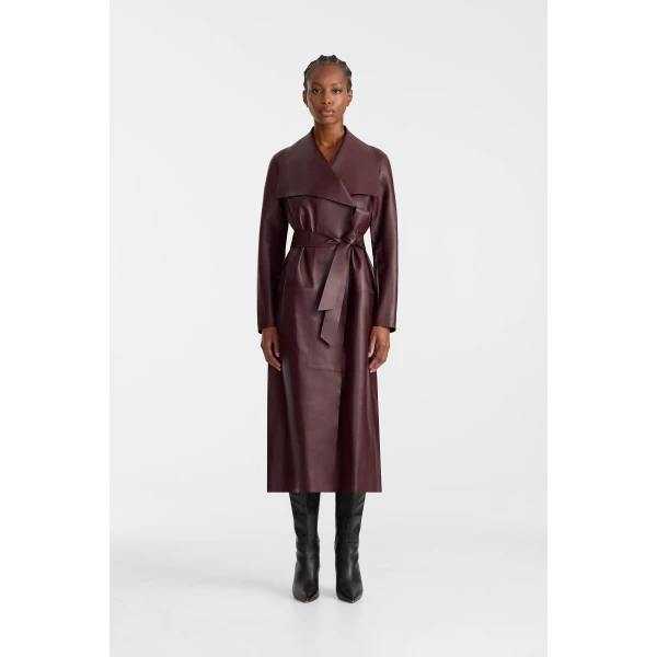 Mackage Mai-L Long Leather Wrap Coat in Garnet