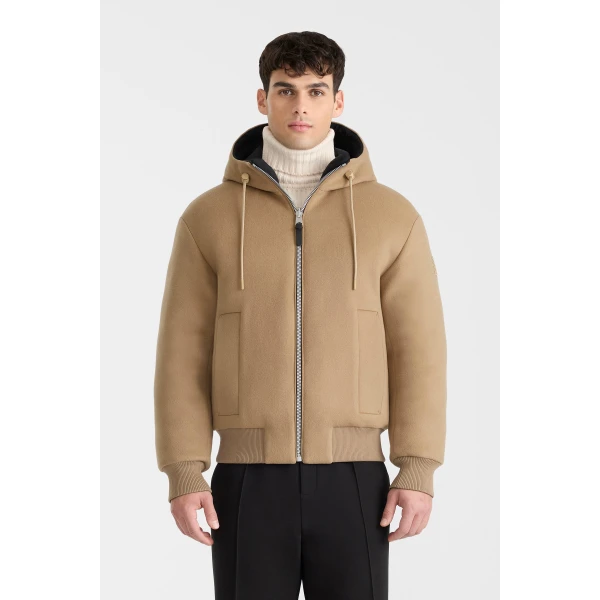 Mackage Niko Reversible Hooded Wool Down Jacket in Light Camel-Black