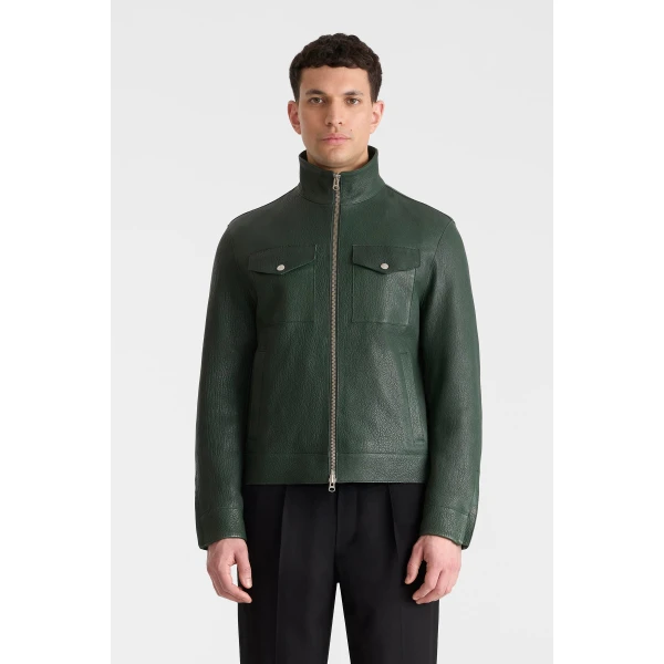 Mackage Otto-PB Pebble Leather Jacket in Evergreen