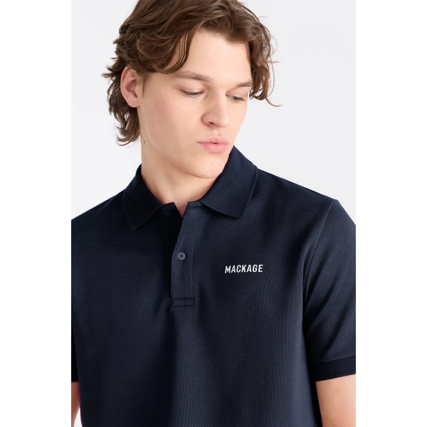 Mackage Pablo-CR Flat Knit Rib Collar Polo in Navy-White