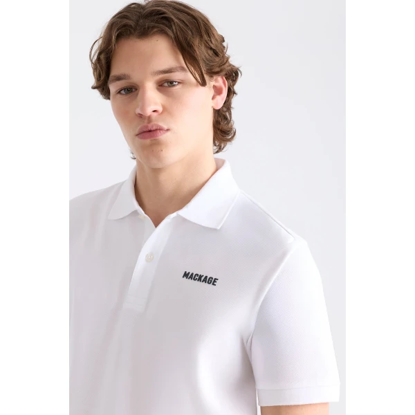Mackage Pablo-CR Flat Knit Rib Collar Polo in White-Navy