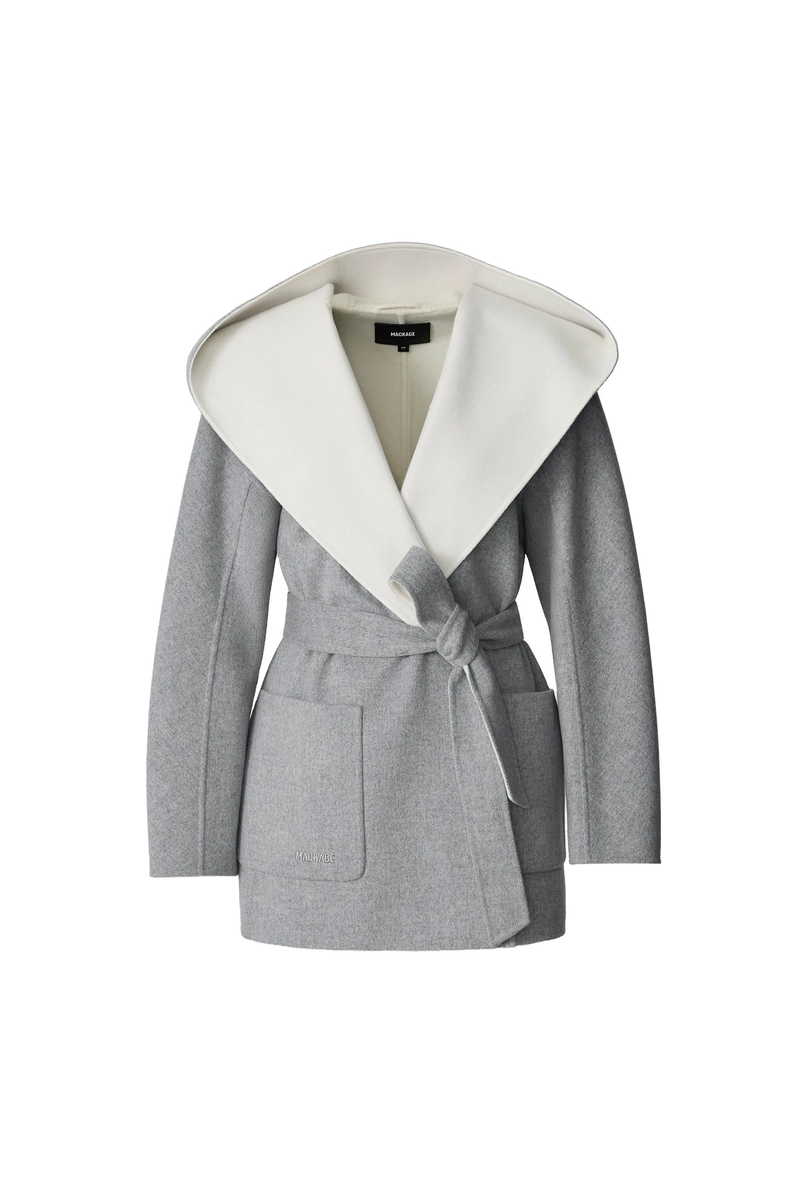 Mackage Paya-Z Wool Wrap Coat in Light Grey Mix-Cream mackage paya-z wool wrap coat