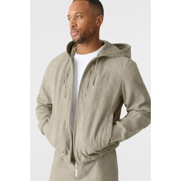 Mackage Sylas-SU Suede Hooded Jacket in Taupe
